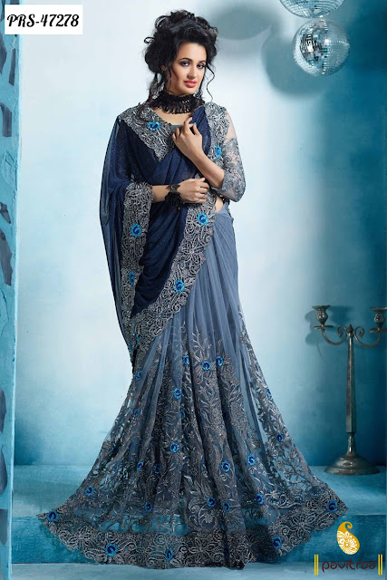 Diwali festival discount sale on grey net designer saree collection online at pavitraa.in