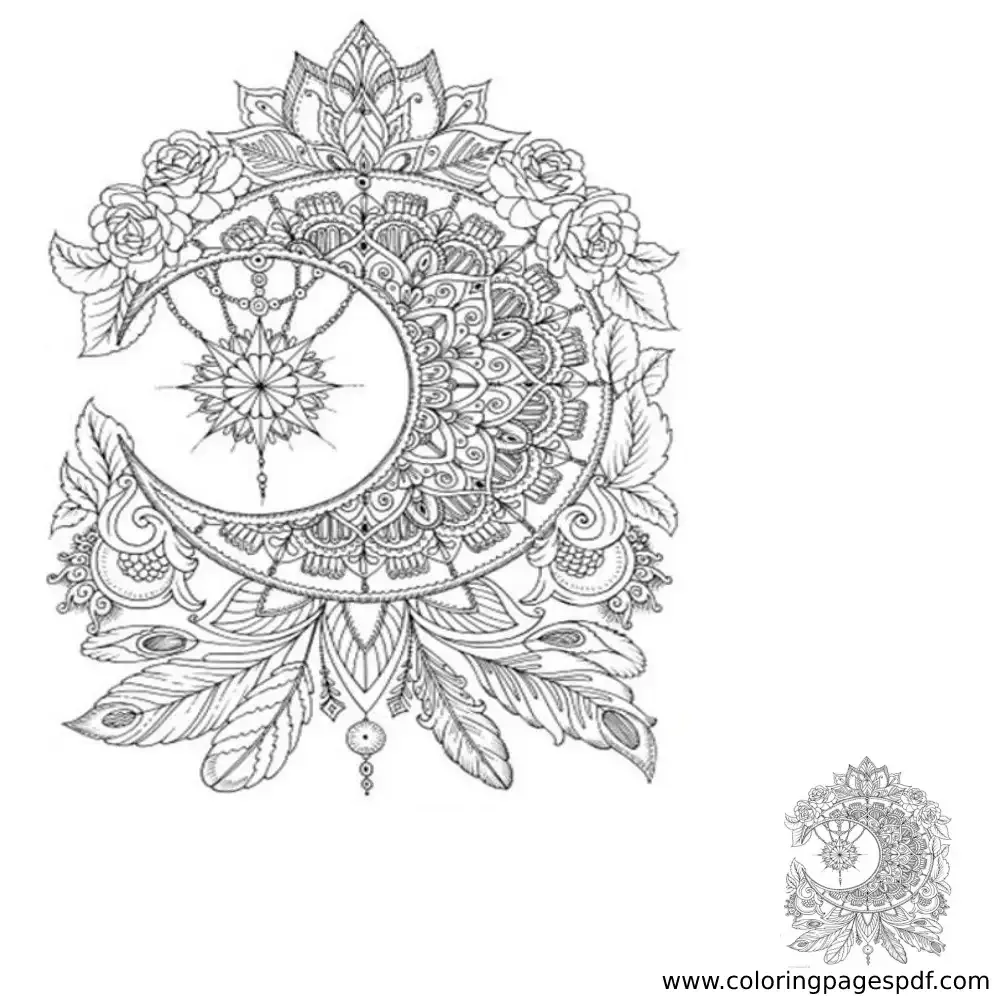 Coloring Page Of A Crescent Mandala With Feathers