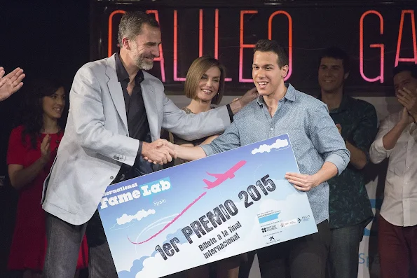 King Felipe VI of Spain and Queen Letizia of Spain attended the Final of the 2014-2015 edition of the international competition of scientific monologues “FameLab” held at the Galileo Galilei Hall on May 