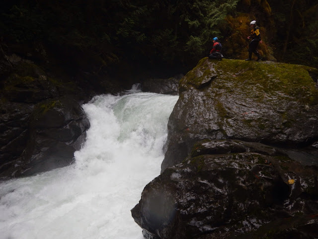 Sam and Rich scout Kokatat, Dagger mamba 8.6, Big Quilcene, Olympic Peninsula