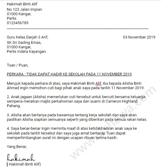 Contoh Surat Cuti Sekolah Kerana Balikengu.si