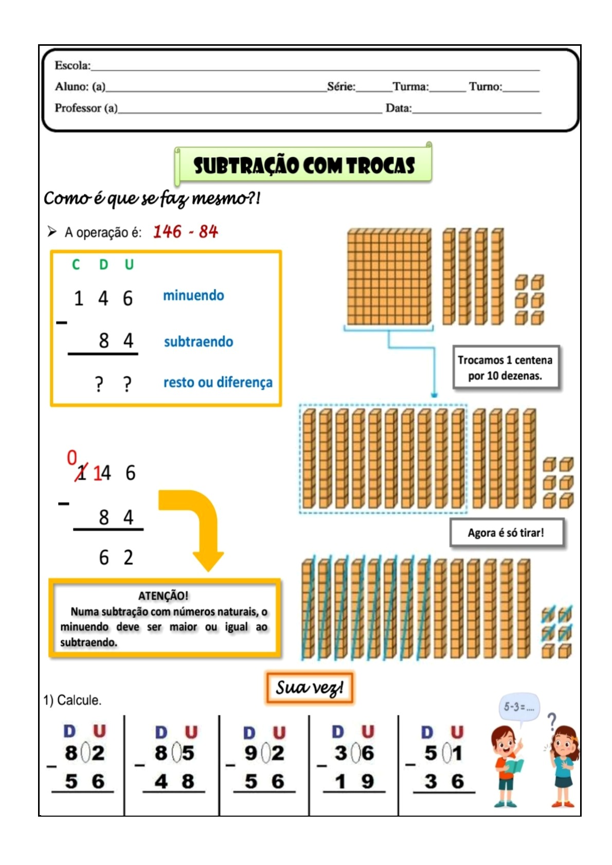 Atividade de matemática 3º Ano: Subtração com reserva –