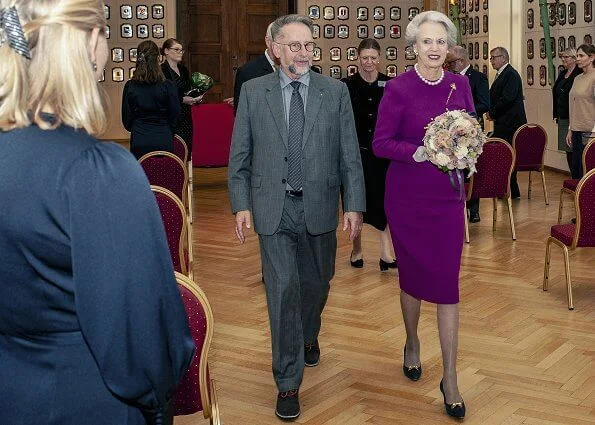 Danish Order of Freemasons. Princess Benedikte of Denmark wore a burgundy midi dressi and gold vintage crown trifari bough rhinestone brooch