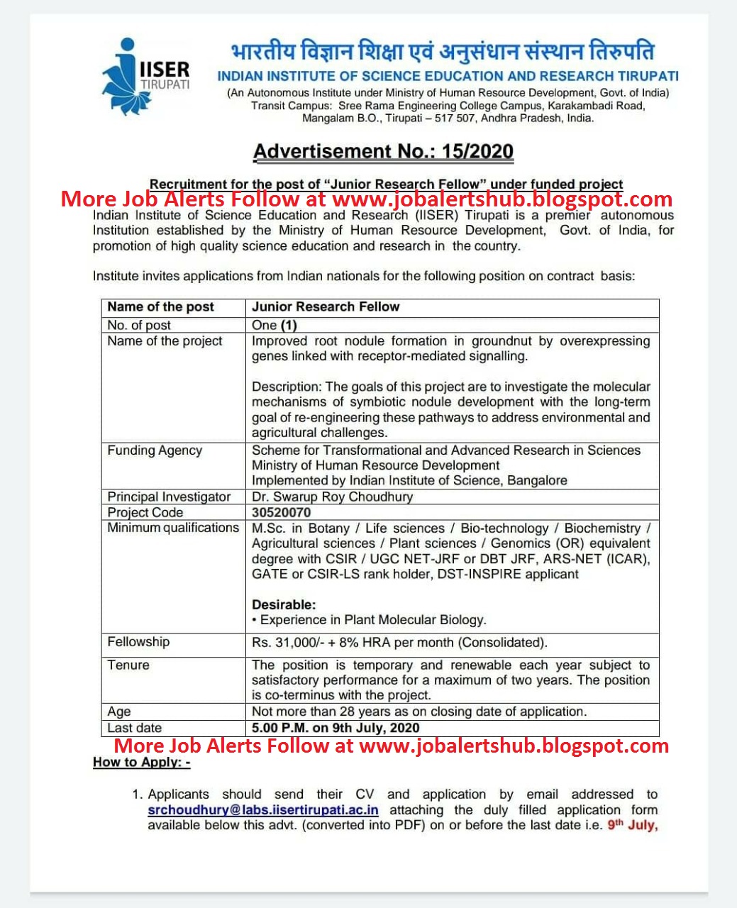 Recruitment for Jr. Research Fellow M.Sc (Life Science / Botany