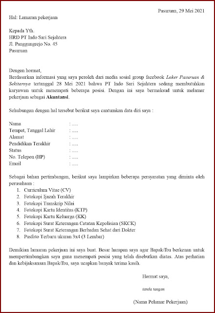 Contoh Surat Lamaran Kerja Untuk Akuntansi (Fresh Graduate) Berdasarkan Informasi Dari Media Sosial Contoh Application Letter Untuk Akuntansi (Fresh Graduate) Berdasarkan Informasi Dari Media Sosial