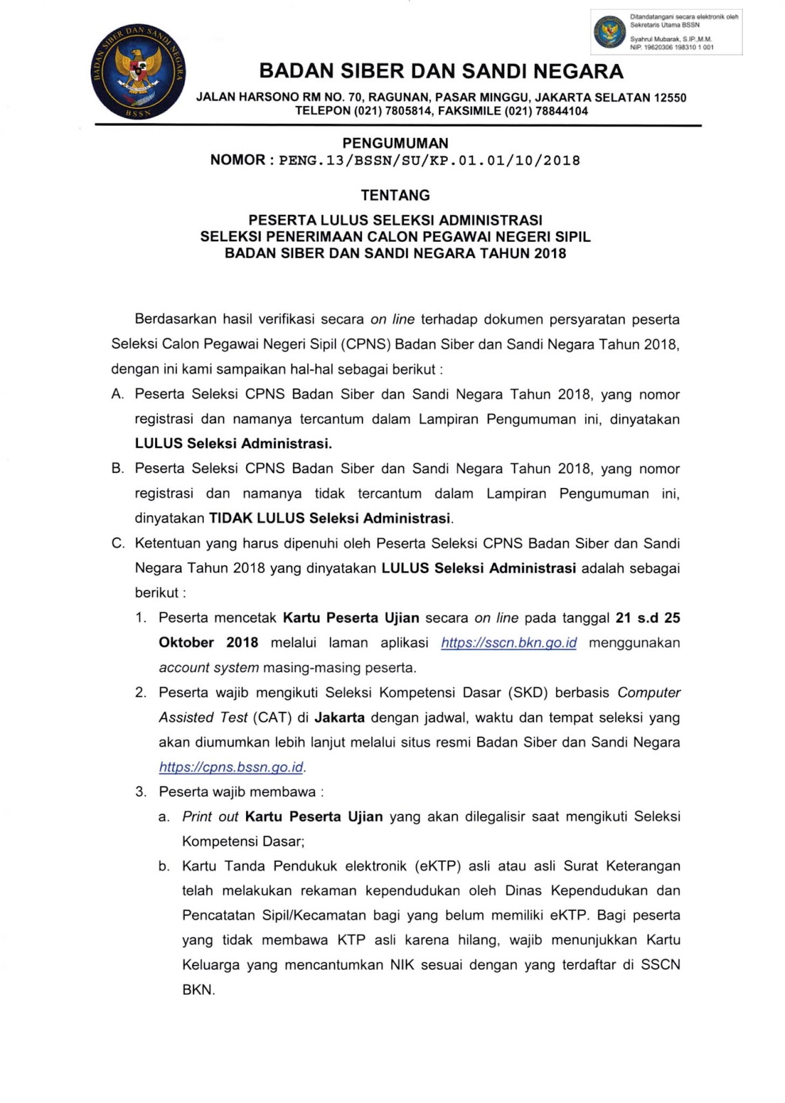 Pengumuman Lulus Seleksi Administrasi Cpns Badan Siber Dan