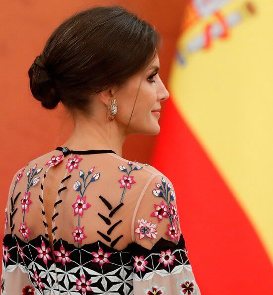 Queen Letizia wore Temperley London Eggshell floral embroidery tulle midi dress and Hugo Boss Dadoria beltedsheath dress