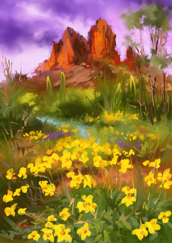 Glade of yellow flowers digital colorful landscape painting by Mikko Tyllinen