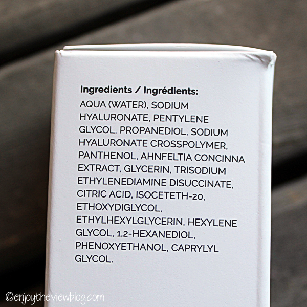 A photo of the side of the product box showing the ingredients for Hyaluronic Acid 2% + B5 from The Ordinary.