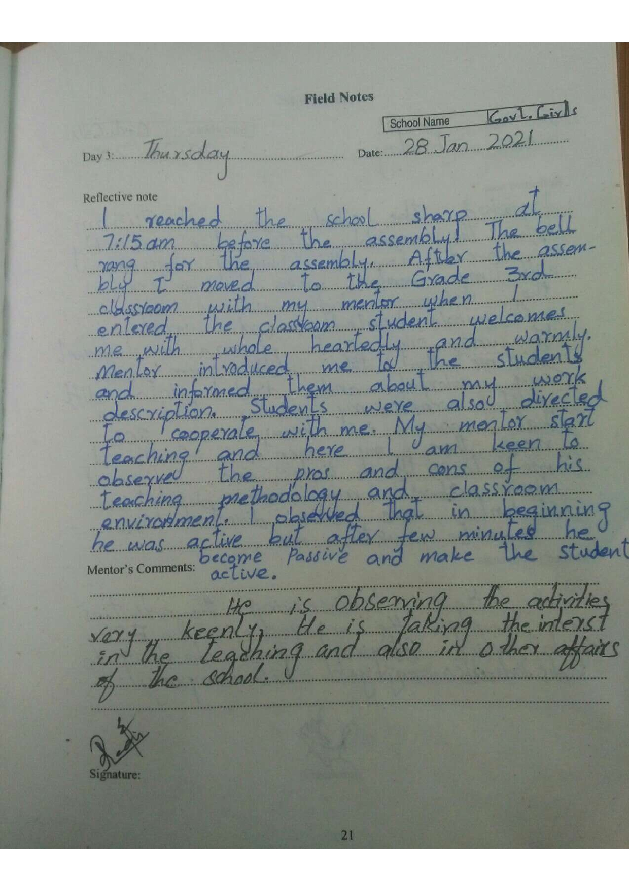 AIOU B.ED Teaching Practice I 8607 Solved 14 Field notes in pdf