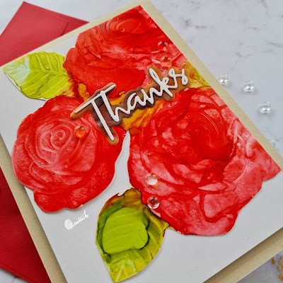 Simon says stamp rose stencil, SSS Rose trio stencil, Cards with Alcohol inks with stencils, Floral die card, Red roses cardow and orange card, Alcohol inks card, Simon says floral card, Floral card,  Clean and simple card, Quillish, Video tutorial