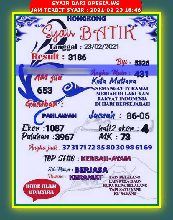 Syair Hk Hari Ini Selasa 23 Februari 2021 Opesia Official