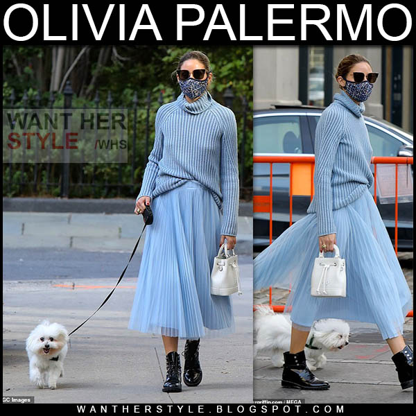 Olivia Palermo in pale blue sweater and pleated skirt in NYC on October