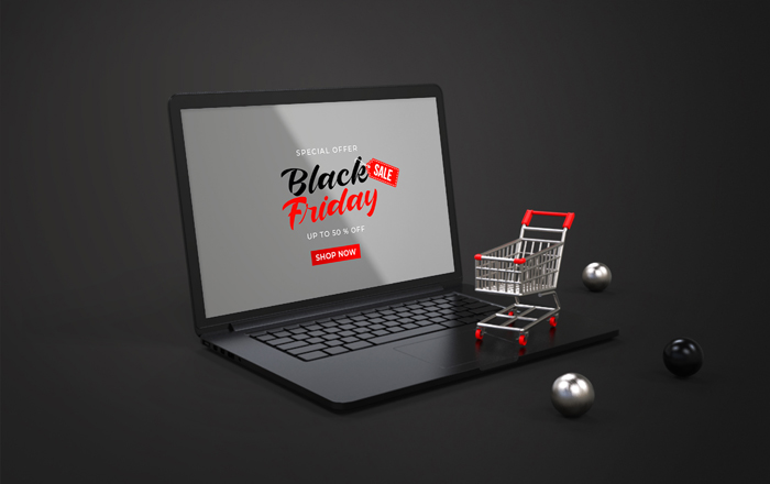Black Friday Mockup Laptop With Shopping Cart side view Black Friday Mockup Laptop With Shopping Cart side view