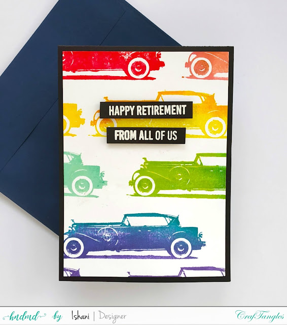 Card for men - Car card, Retirement card, Vintage card, Vintage car card, Craftangles Roadtrip stamp Quillish, Birthday card for men , Car stamp card, repetitive stamping in rainbow colors
