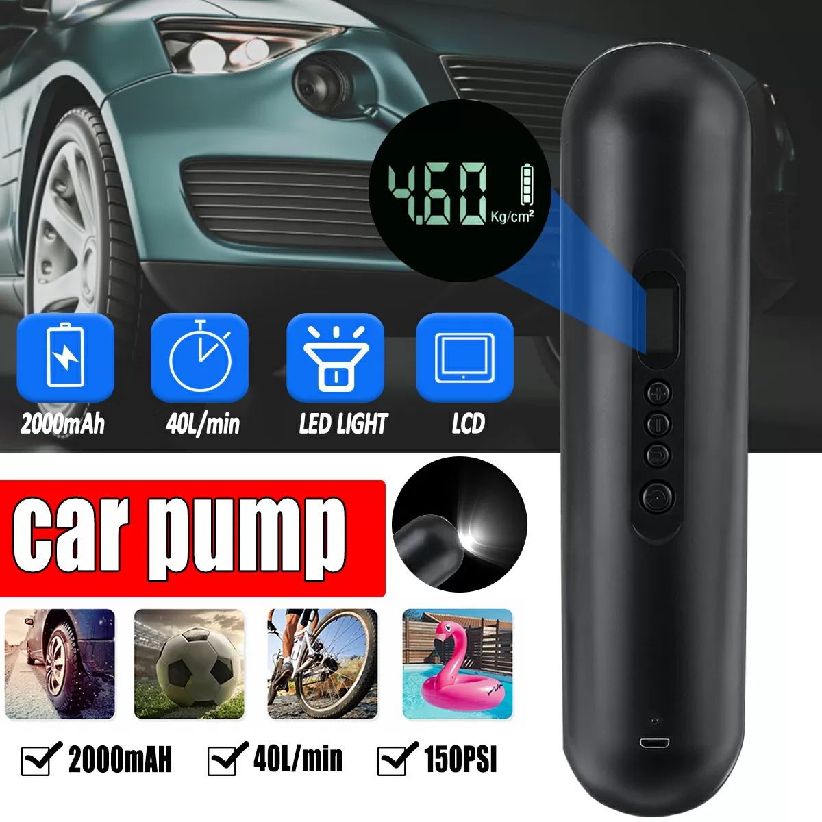 12V Tyre Inflator Portable Car Pump Pressure Air Compressor LED Light 150PSI