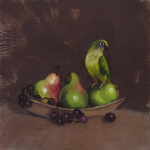 Diane Hoeptner Bird and Pears, new small still life, conure painting