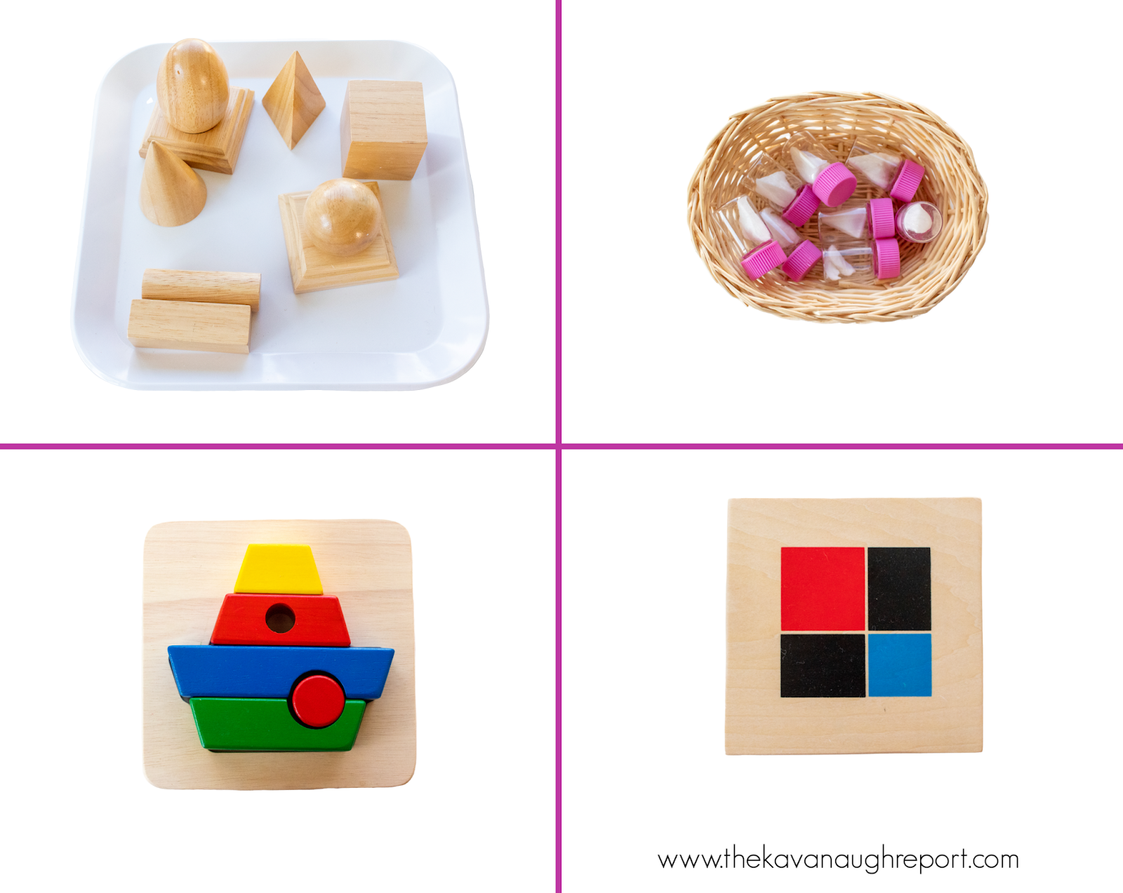 Here is a detailed look at the Montessori activities on a 3-year0old shelf at home. These toys and materials are great for learning a variety of skills including math, language, and science. 
