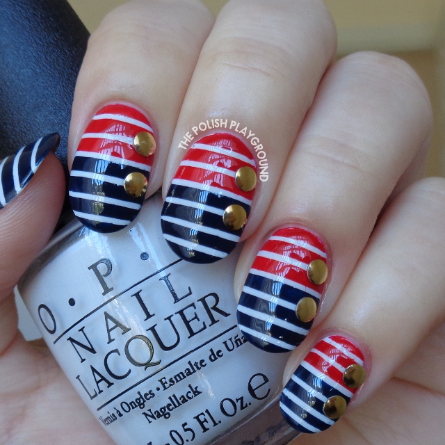 Blue and Red Nautical Stripes with Gold Circle Nail Studs Nail Art