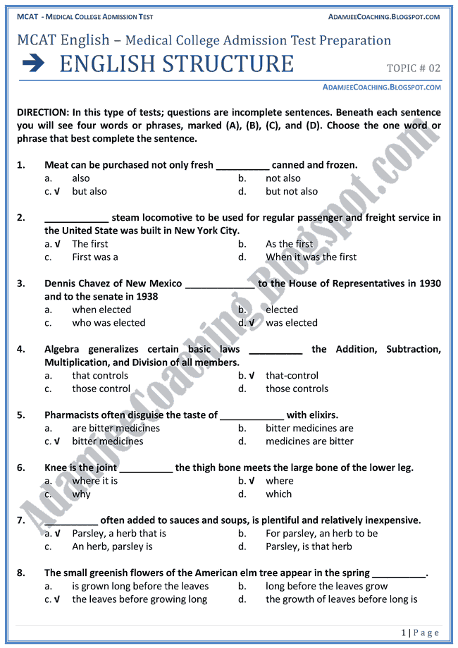 adamjee-coaching-mcat-english-english-structure-mcqs-for-medical-entry-test