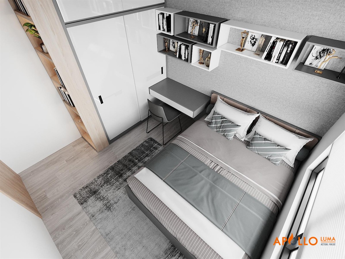 Thiết kế phòng ngủ mẫu 2:  Phong cách hiện đại  với sự kết hợp hài hòa màu ghi xám và trắng