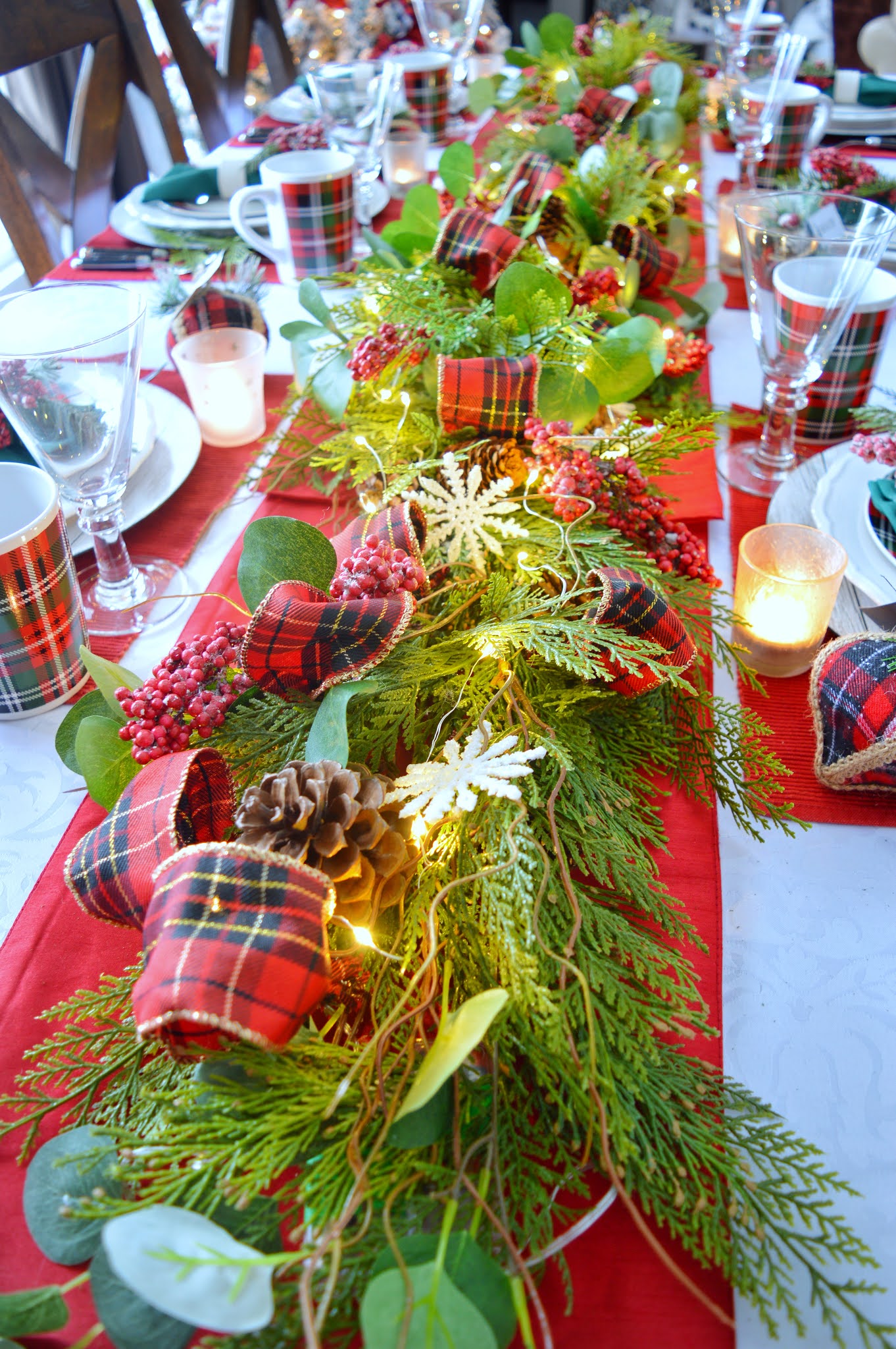 Dining Delight Cozy Plaid Christmas Tablescape with Garland Centerpiece