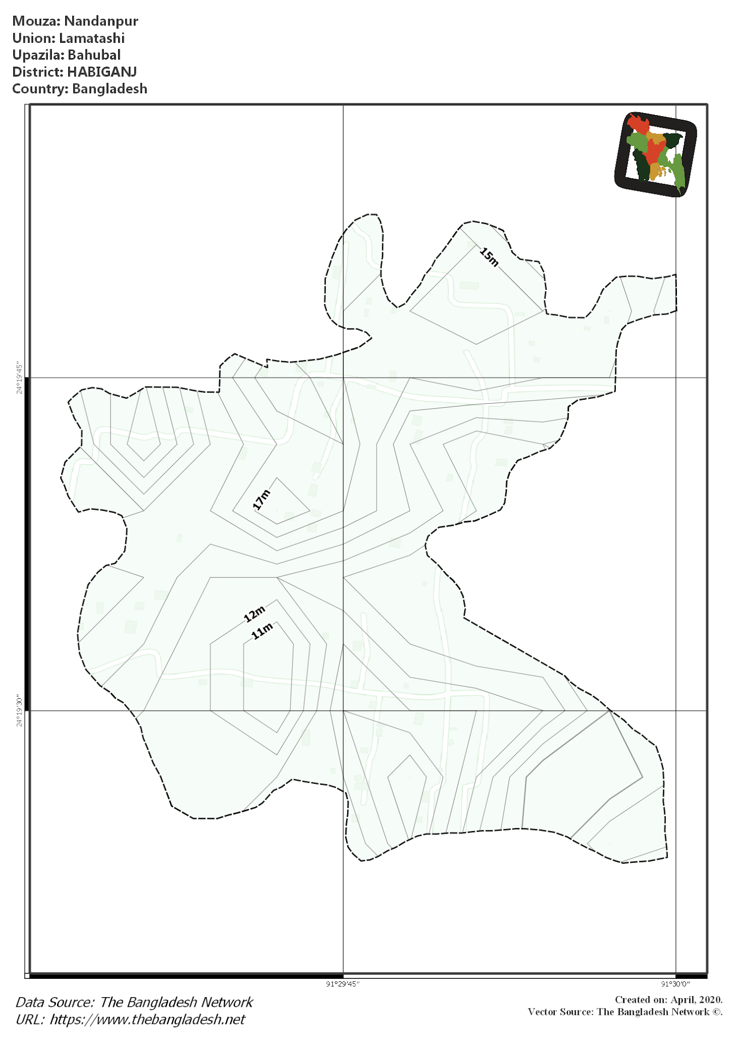 Map of Nandanpur Mouza of Bahubal Upazila, HABIGANJ, Bangladesh.