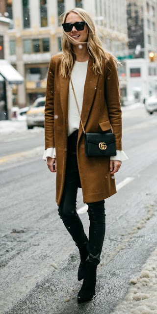 Winter look | White sweater, leather pants, booties and neutral coat ...