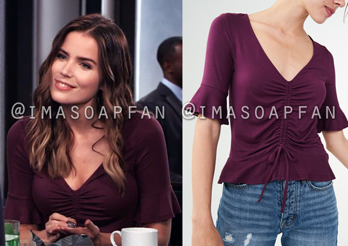 Sasha Gilmore, Sofia Mattsson, Ruched Purple V-neck Top with Bell Sleeves, General Hospital, GH