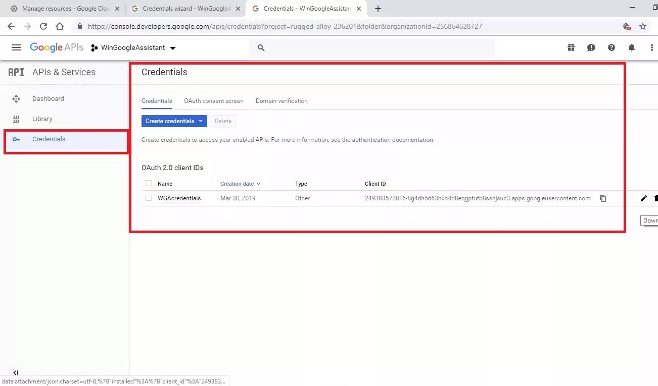 created OAuth 2.0 client ID credentials, ready to download