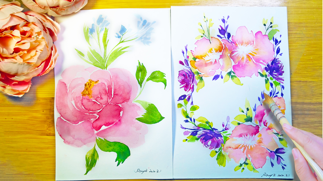 How to draw flower wreath with watercolor step by step , easy