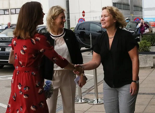 Crown Princess Mary wore a red dress from 'Peper' collection of ba&sh and Gianvito Rossi shoes for visit National Center for Immune Therapy