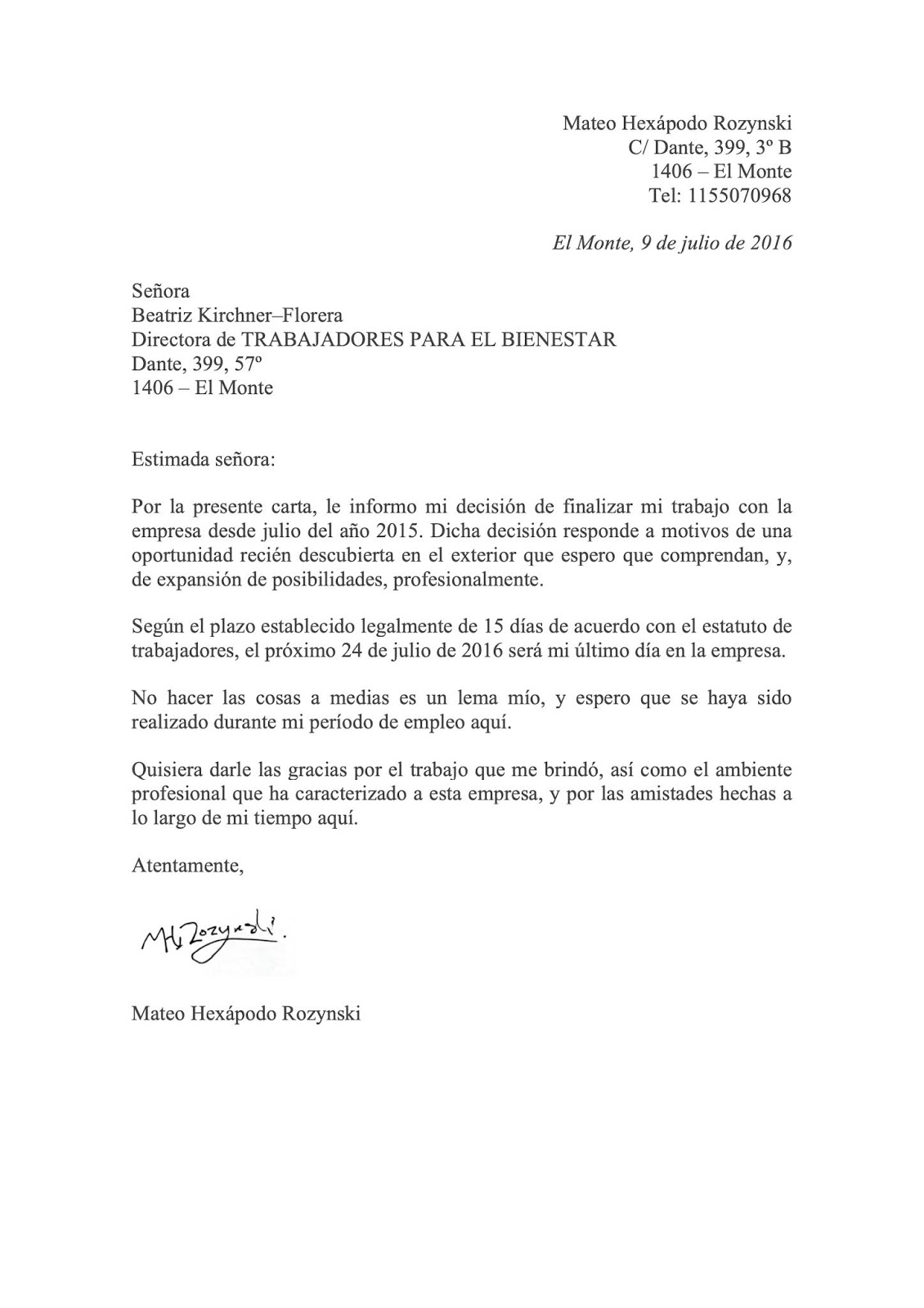 Castellano Español Carta De Renuncia Advanced Spanish For Bachelor