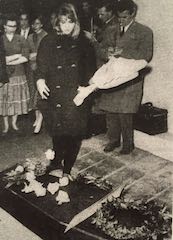 Pauline Boty lays a wreath at an Anti Ugly protest, London, 1959