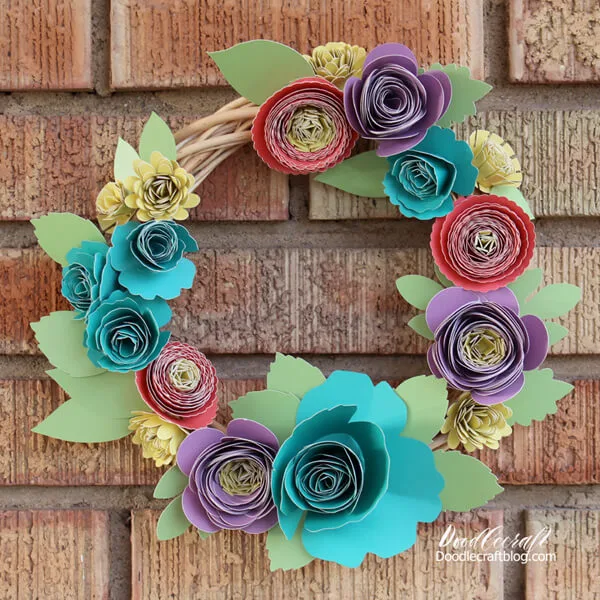 bright color rolled flower papercraft wreath using the Cricut Explore Air 2.