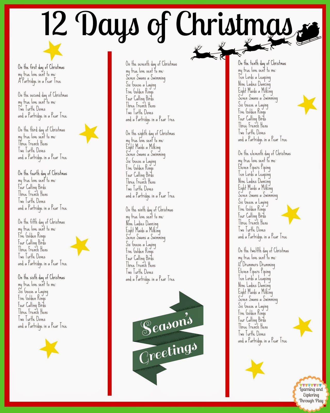 Printable Lyrics To 12 Days Of Christmas