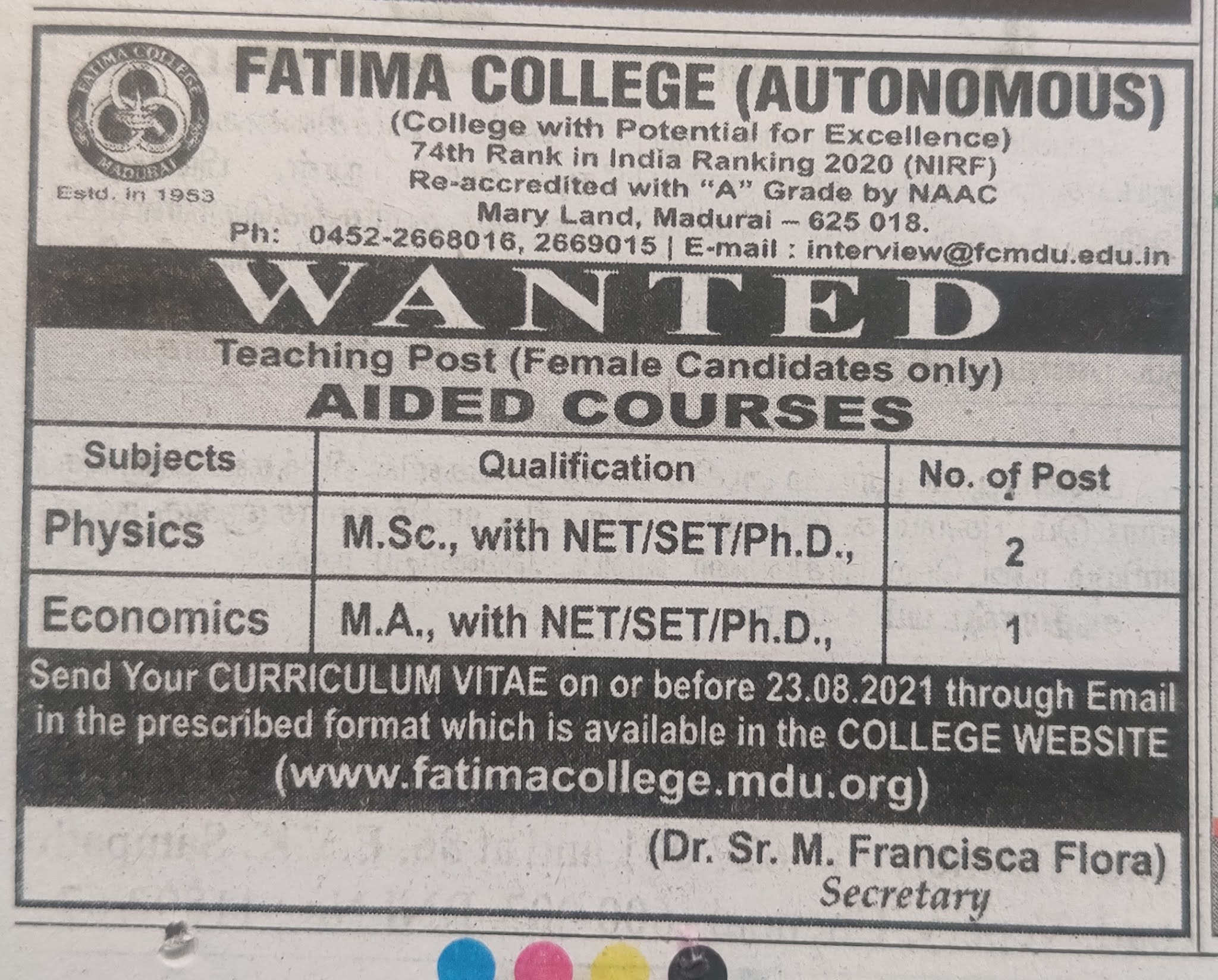 Fatima College, Madurai, Tamil Nadu Wanted Teaching Faculty Faculty