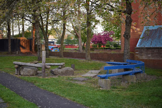 A seating and childs play area