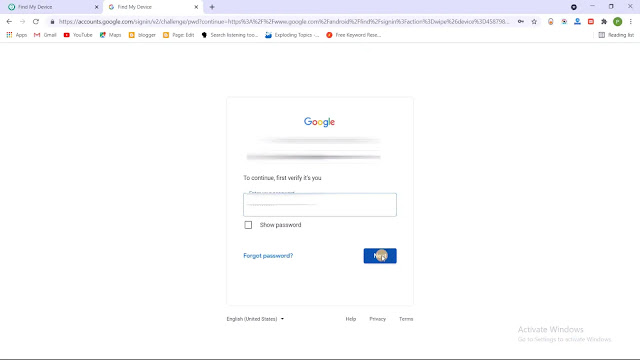 again enter password here of your google account log in find my device