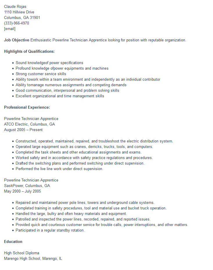 lineman resume