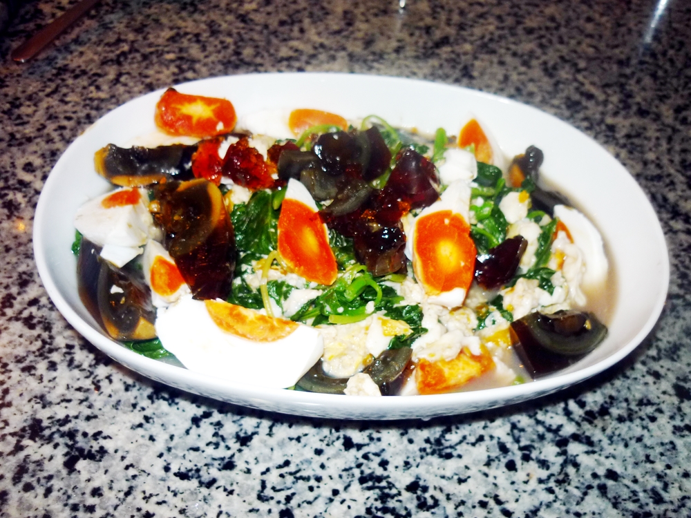 aunty celia's family meals Yin yang xian cai (double eggs Chinese spinach)