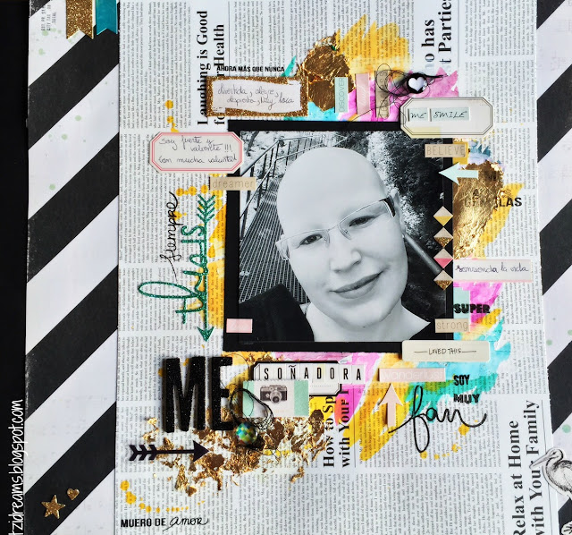 Reto Kimidori, Scrapbook, Scrapbooking, layout, mix media, Maggi Holmes, watercolors, peerless, This is Me, Gold Leaf