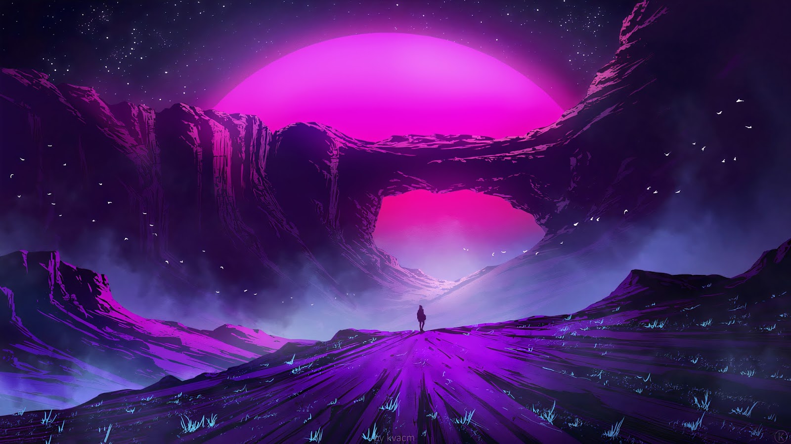 Pink Sun, Arch Mountain, Starry Sky