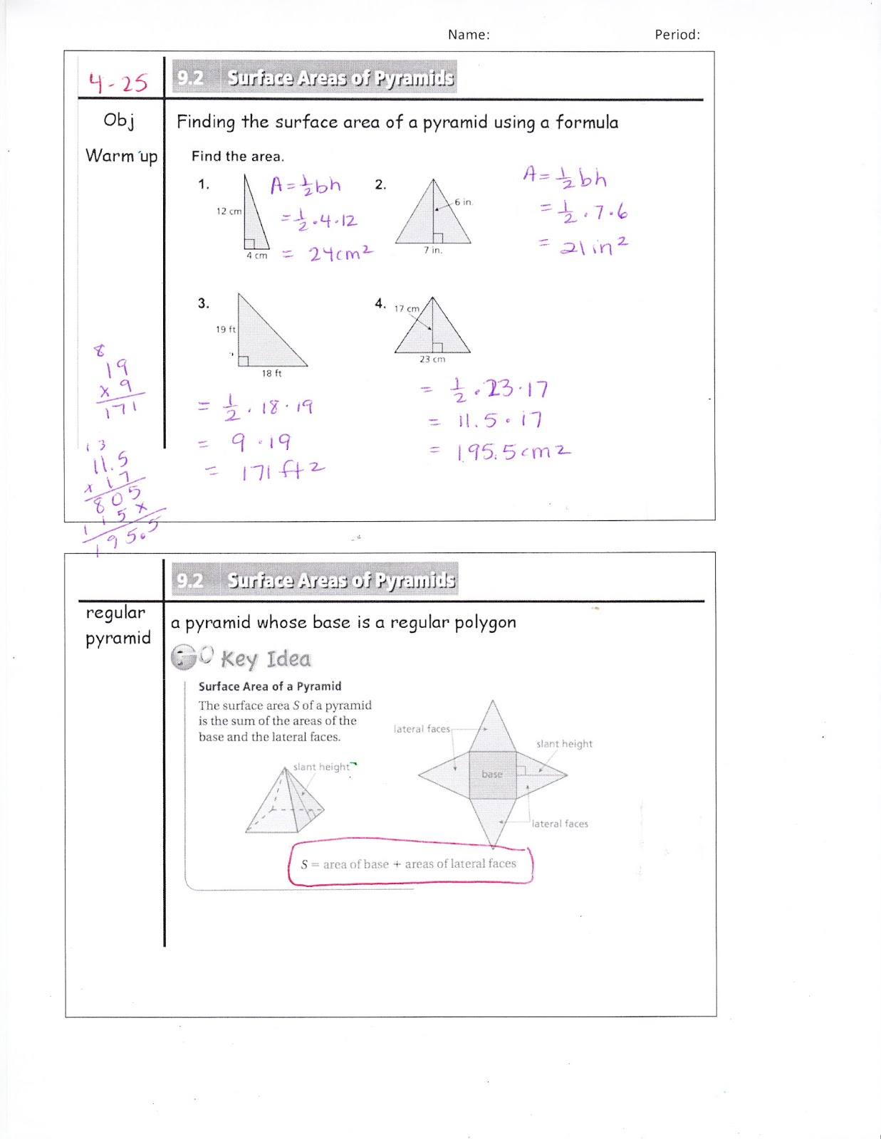 Ms. Jean's Classroom Blog: 9.2 Surface Area of Pyramids