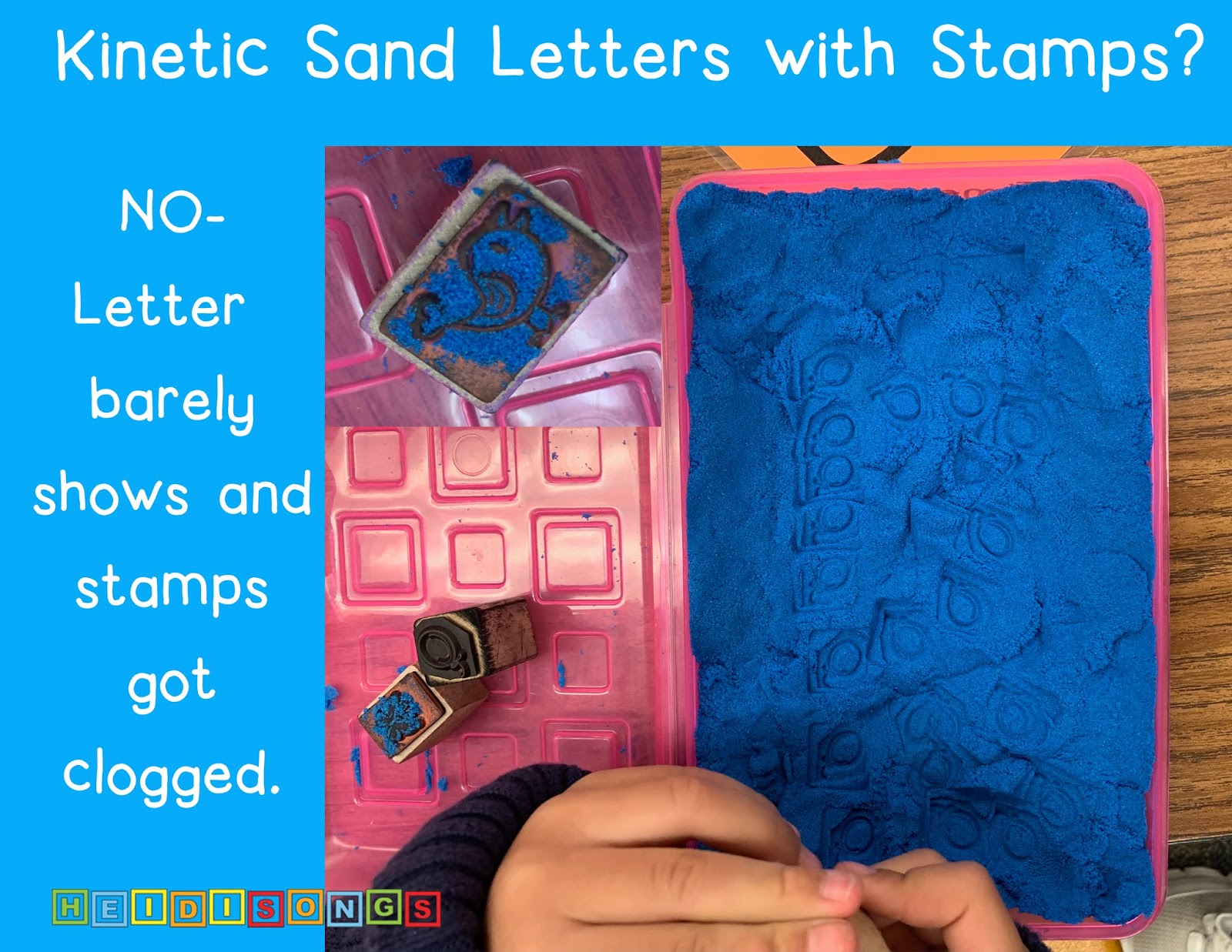 Learning to alphabetize using stamps and kinetic sand - Gift of Curiosity