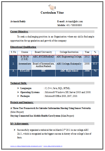 resume templates for btech students