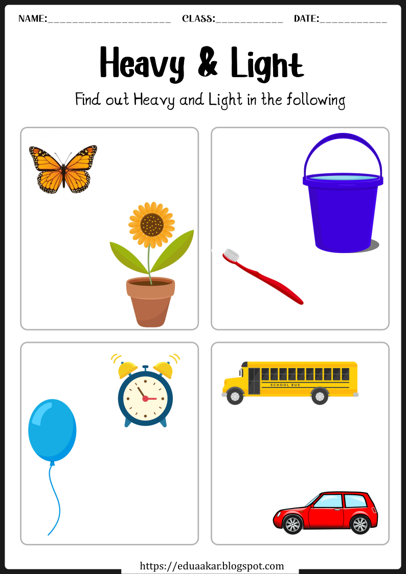 Heavy and Light worksheets for Preschool and Kindergarten kids