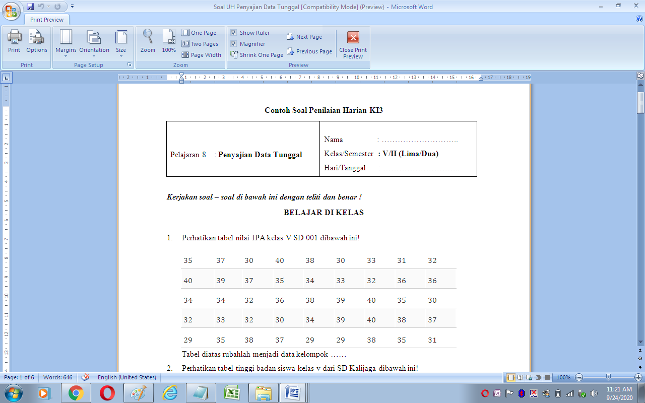 Soal Ulangan Harian Matematika Kelas 5 Sd Mi Penyajian Data Tunggal Antapedia Com