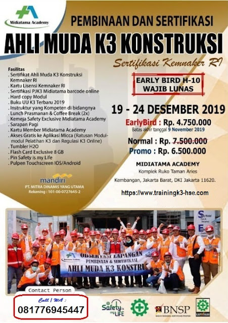 Ahli Muda K3 Konstruksi kemnaker tgl. 19-24 Desember 2019 di Jakarta