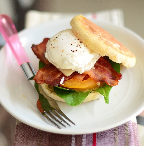 Poached Egg Sandwich with Spinach, Tomatoes, Bacon and Parmesan